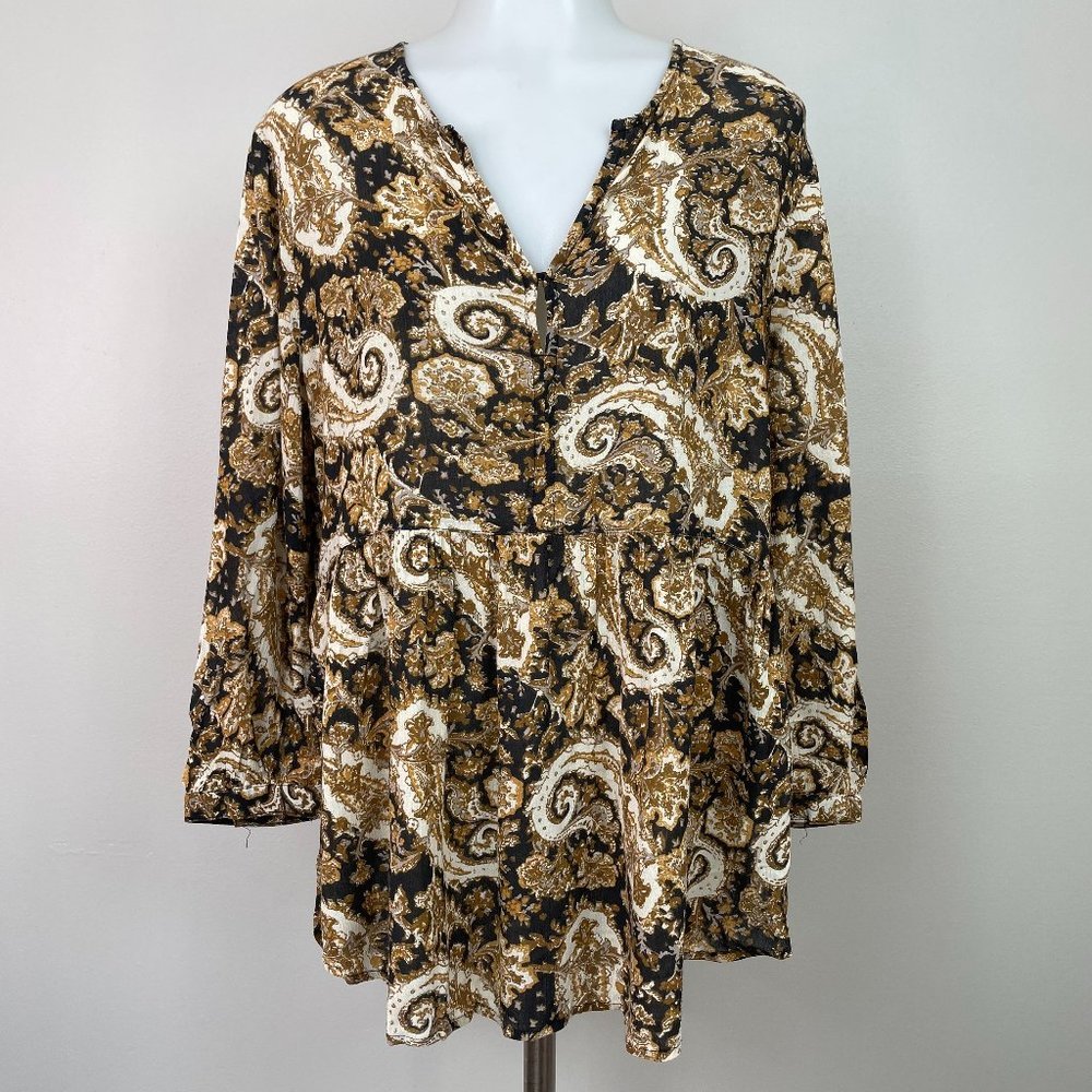 Ecote Top XS‎ Black Brown Boho Paisley Floral Babydoll Tunic Blouse UO Women's